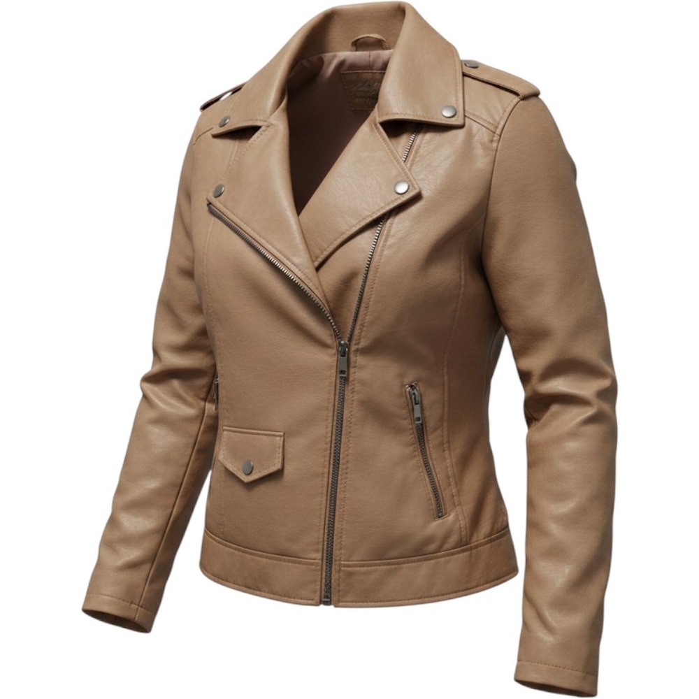 Sebby Collection Womens XL Faux Leather Moto Jacket Toffee Tan Biker Zip Coat